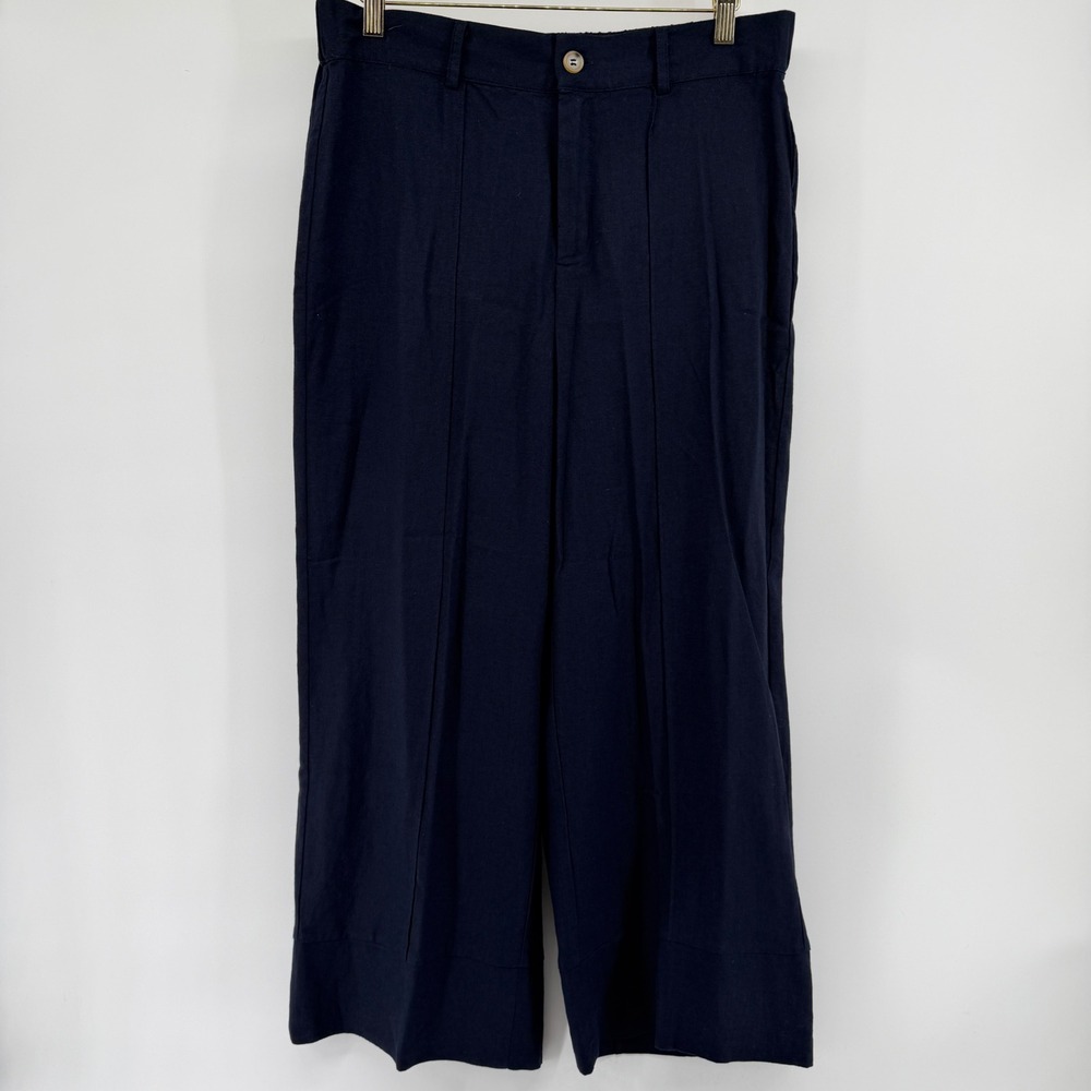 Joie Navy Blue Linen Blend Wide Leg Cropped Pants Size L High Rise Culottes